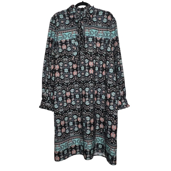 Eloquii Womens Size 22 Long Sleeve Shift Dress High Neck Blue Floral Tie At Neck - Picture 1 of 14